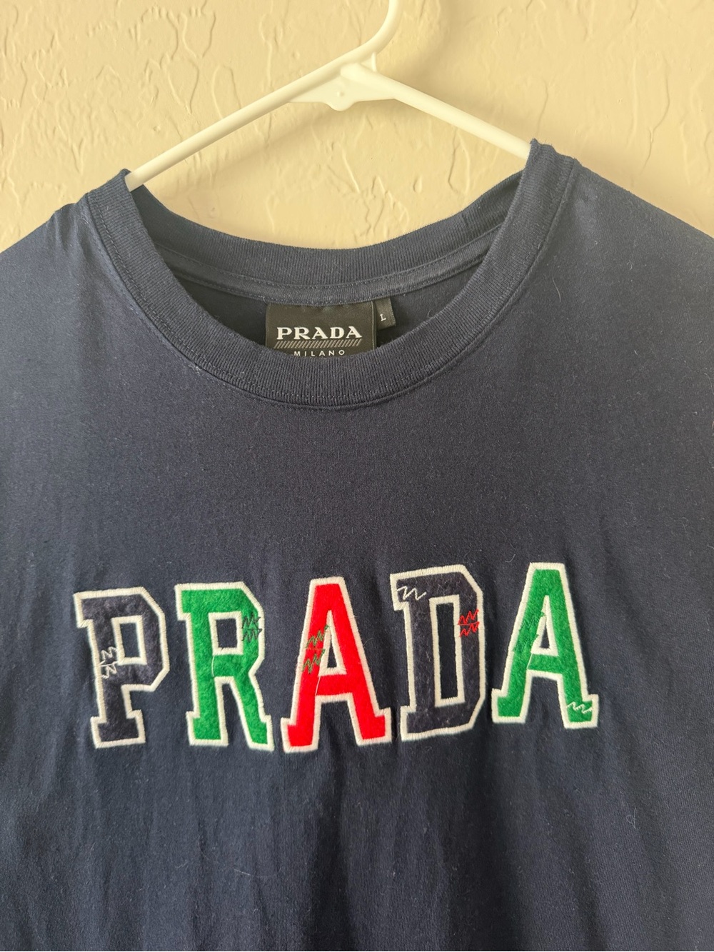 Prada Milano spellout Navy Logo Crew Neck T-Shirt size large made in Italy - Picture 2 of 5